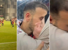 Ardian Ismajli vrapon dhe përqafon nënën e tij pas fitores së Shqipërisë
